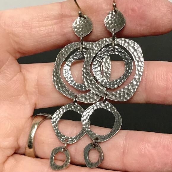 Signed M Sterling Silver 3in Long Dangle Drop Hammered Abstract Circle Earrings - Picture 12 of 14